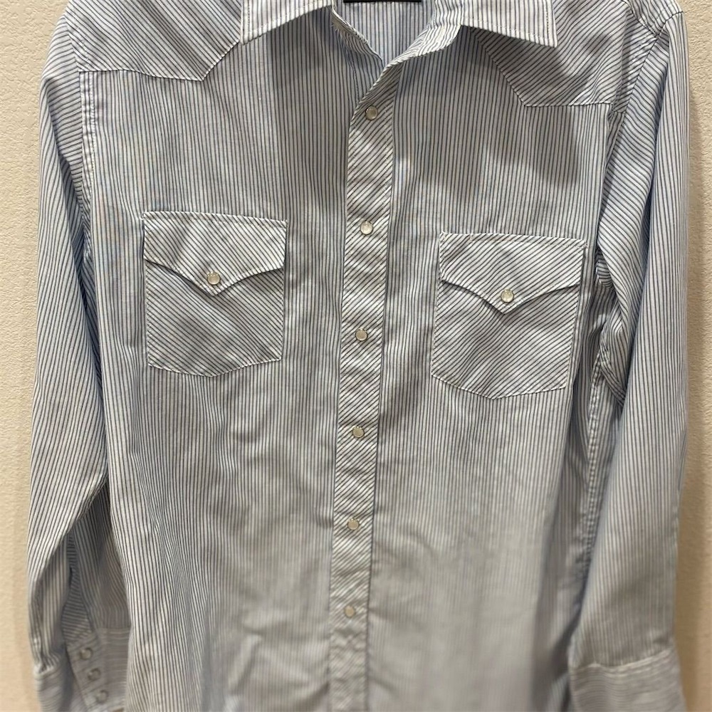 White Horse Men's Blue Striped Western Pearl Snap Shirt Size M